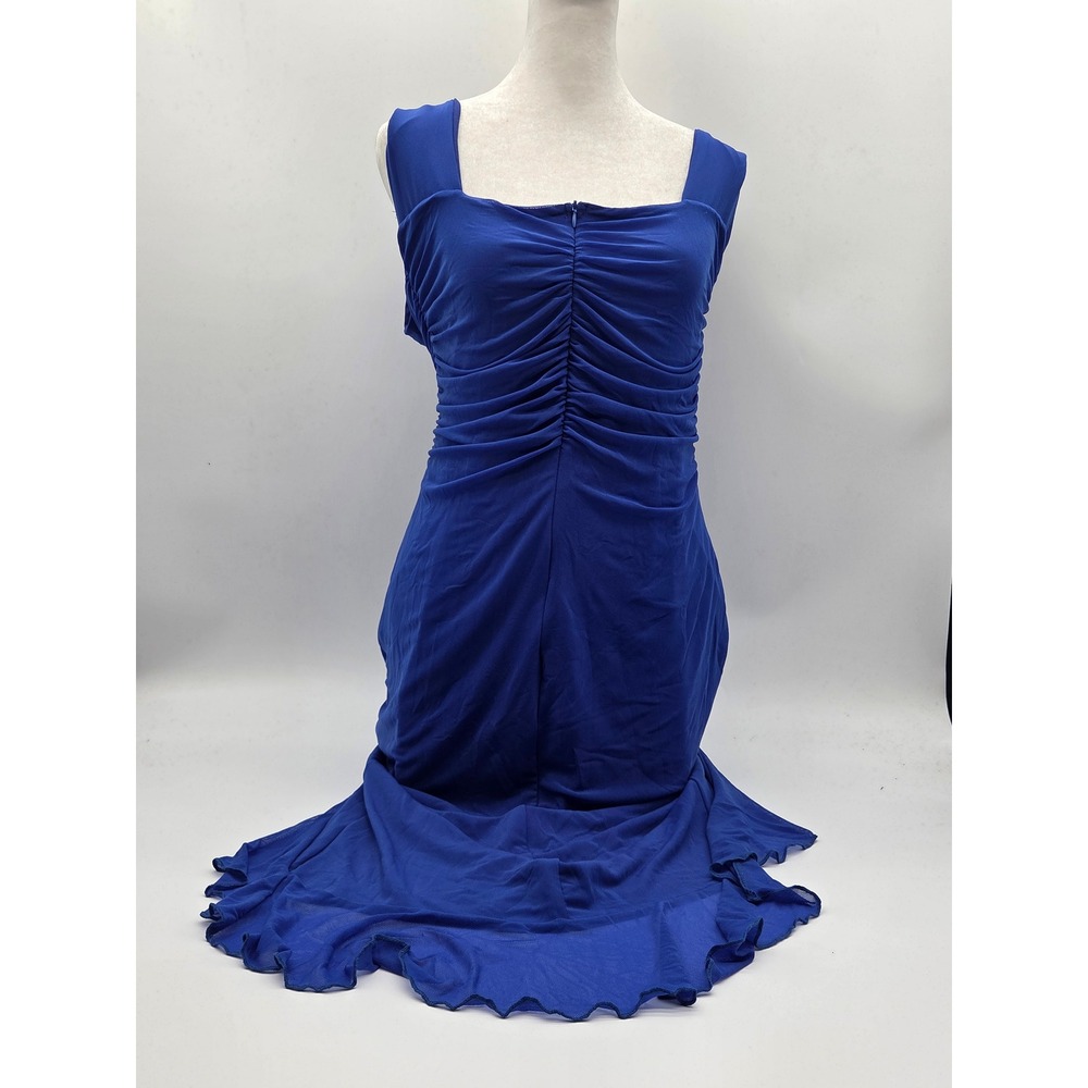Royal Blue Ruched Ruffle Hem Midi Dress Size L Stretch 101-678